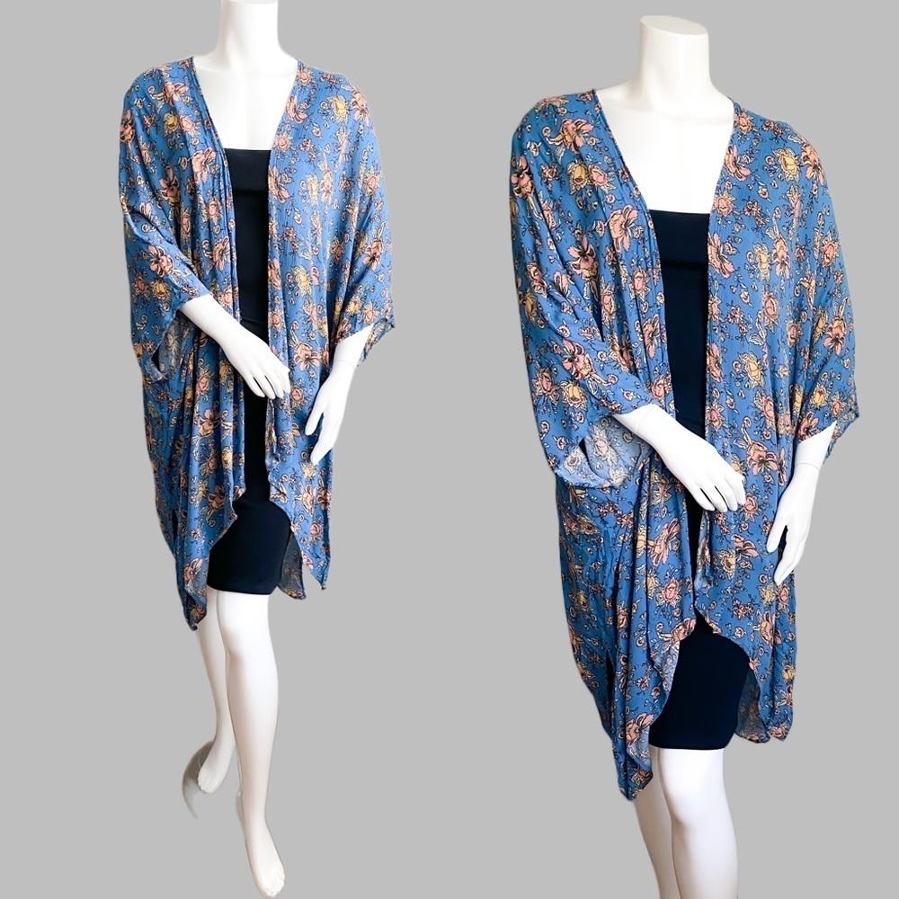 Agnes & Dora Duster Floral Blue Kimono Rayon Oversized Made in USA Boho XS / S